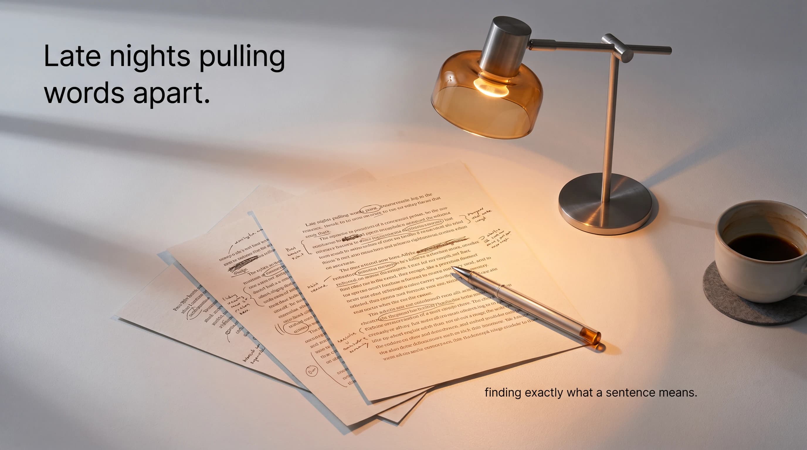 A late-night desk under a single warm lamp, handwritten pages spread and overlapping, words underlined and circled, a cold half-finished coffee at the edge of the light.