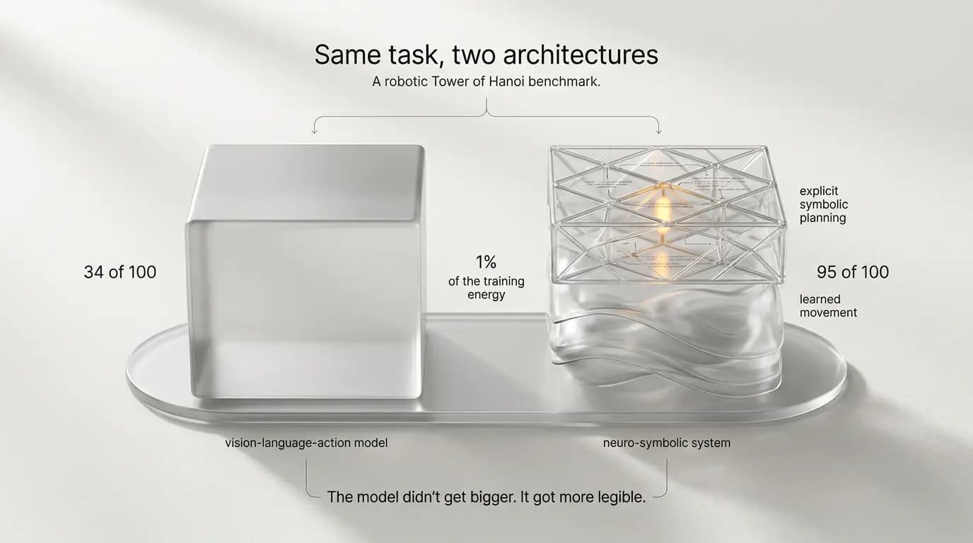 Two silver-glass architectural objects on an off-white paper plate. Left: a large opaque monolithic volume labeled vision-language-action model, 34 of 100. Right: a smaller layered object — translucent learned-movement flow on the bottom, crystalline lattice with engraved rules on top — labeled neuro-symbolic system, 95 of 100. A small amber glow inside the lattice.