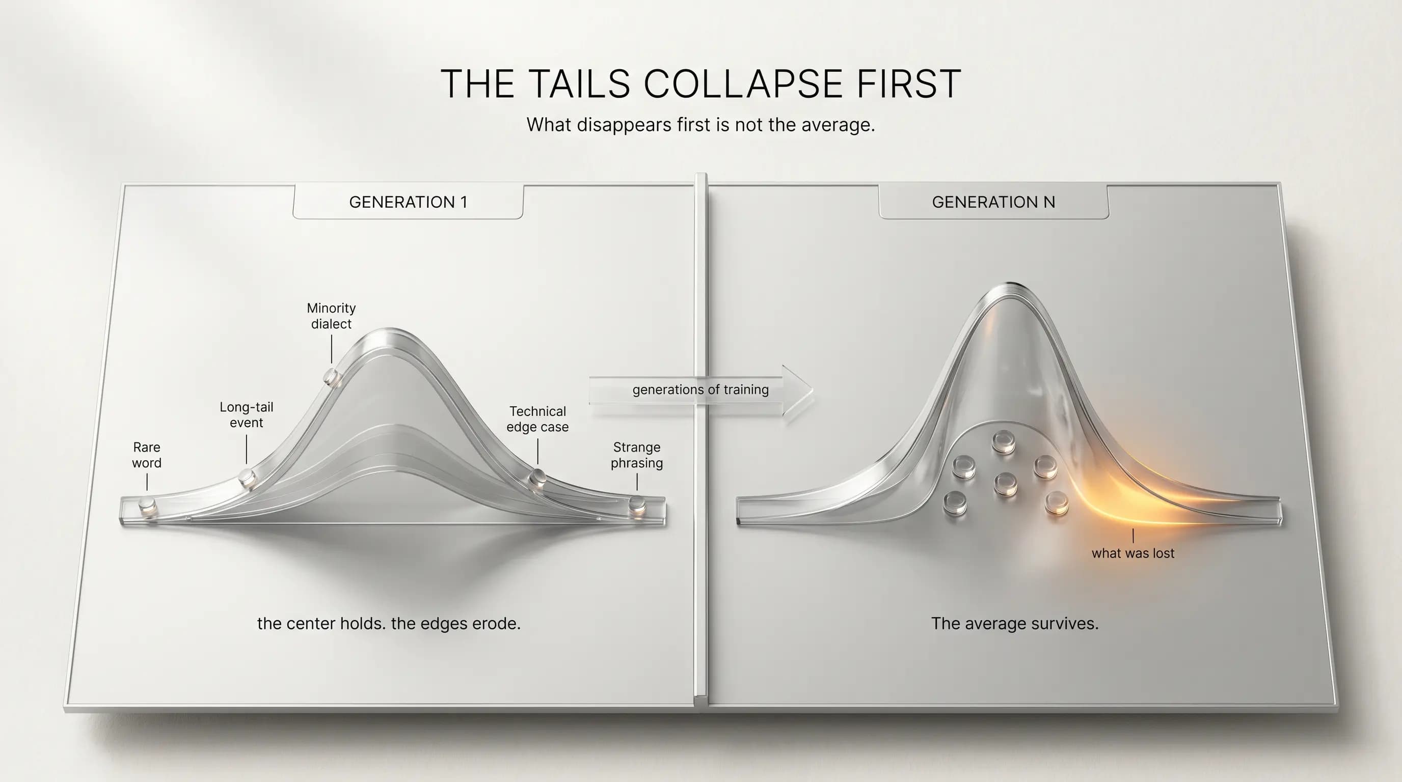 A silver-glass distribution split vertically: on the left, a wide curve with long labeled tails — rare word, long-tail event, minority dialect, technical edge case — and on the right, the same curve with the tails pulled inward, the center mound unchanged. A small amber glow sits where the tails used to extend.
