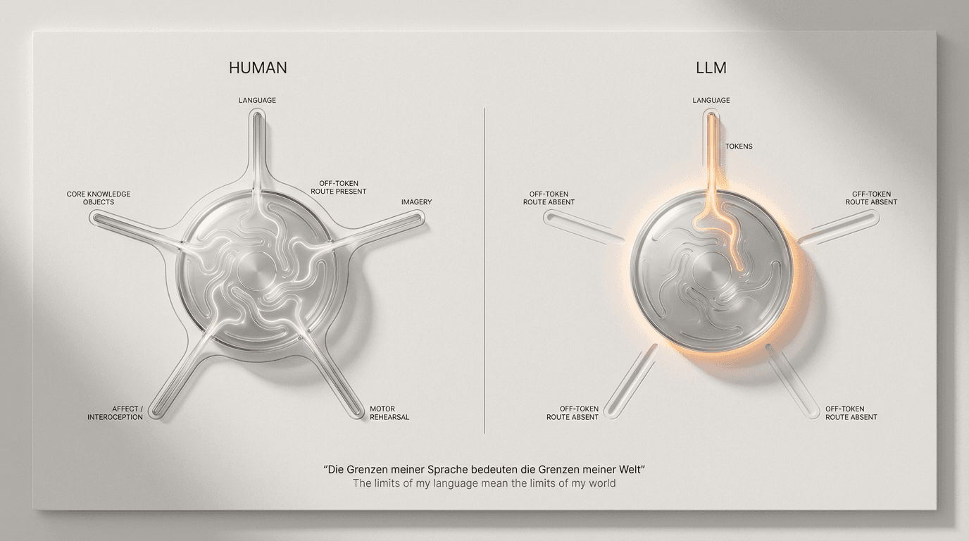 Figure 1. The architectural flip, visualized. Humans (left) have a non-linguistic carrier — the Off-Token Route through prelinguistic cognition, perception, and motor experience — that allows cognition to underdetermine language. LLMs (right) do not: every distinction the system can hold must pass through the token stream. For systems whose cognition is token-bound, the limit of language is the limit of the world.